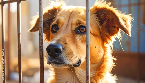 Sad dog looking through cage bars with hopeful eyes.