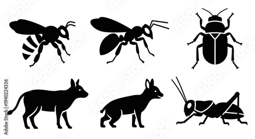 Diverse Animal and Insect Silhouettes Set: Bee, Ant, Beetle, Grasshopper, Dog, Fox Icons