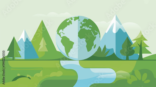 Earth surrounded by lush green landscape with mountains trees and serene water flow in a stylized vector illustration