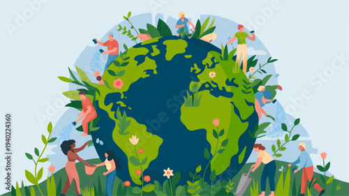 Eco friendly globe illustration with people nurturing plants and flowers symbolizing environmental care and sustainability