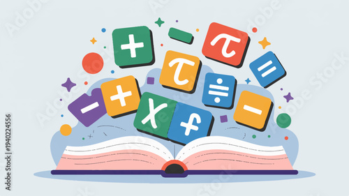 Colorful math symbols emerge from open book on education and learning concepts
