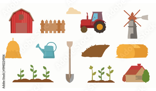 Farm agriculture elements vector set with barn tractor windmill and village farming icons
