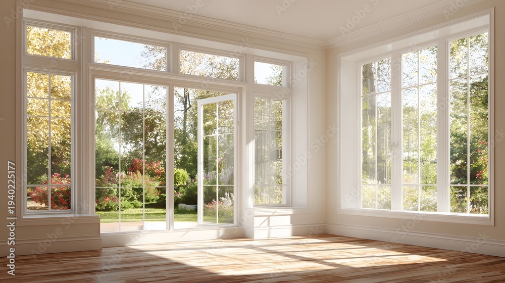 Fototapeta premium modern house interior large window bright daylight copy space