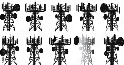Collection of telecommunications tower silhouettes with antennas and satellite dishes isolated for mobile network infrastructure wireless communication technology design vector
