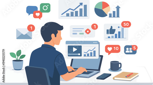 Social Media Marketing Analytics Concept with Man Working on Laptop and Growth Charts Illustration
