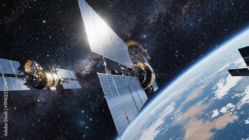 Satellite orbiting Earth in space with solar panels and antenna.