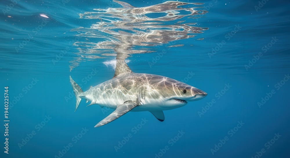 Fototapeta premium Underwater Scene Featuring a Great White Shark Swimming in Clear Ocean Water