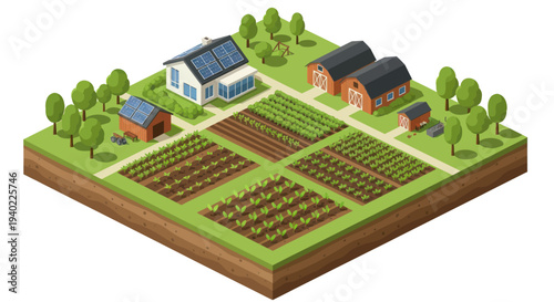 Isometric Farm with Crops Houses and Solar Panels.