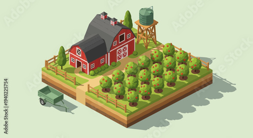 Isometric farm with red barn and green trees.
