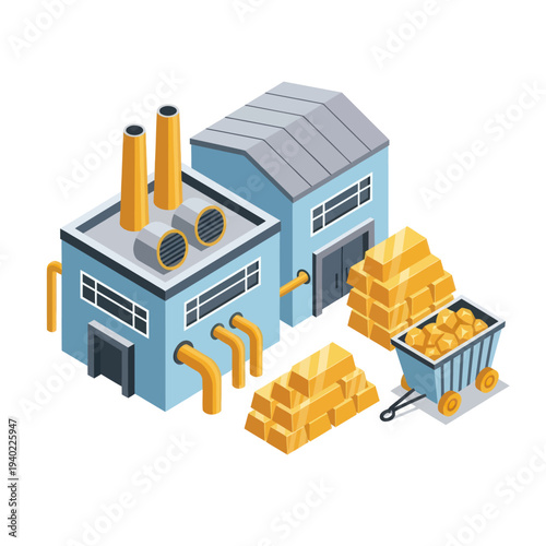 Isometric Gold Mining and Processing Plant with Gold Bars and Ore Cart.
