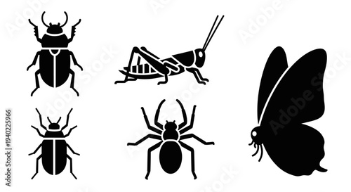 Diverse Insect Silhouettes Collection: Beetle, Grasshopper, Spider, and Butterfly Icons