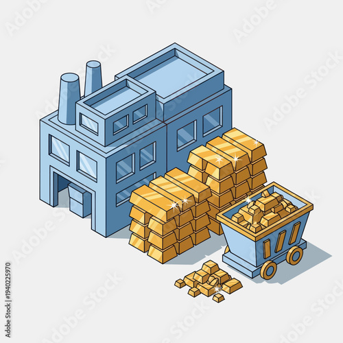 Isometric Gold Mining Factory with Gold Bars and Mine Cart.