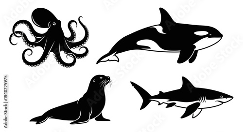Diverse Marine Animals Silhouette Set: Octopus, Orca, Seal, and Shark Vector Collection