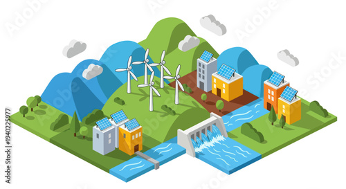 Isometric Green Energy Landscape with Wind Turbines and Hydroelectric Dam.