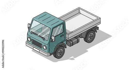 Isometric Green Flatbed Truck Illustration on White Background.