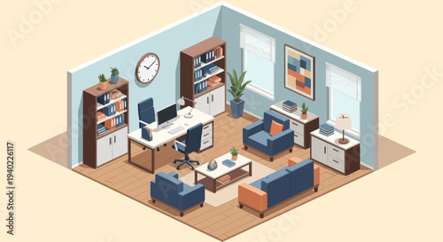 Isometric Home Office Interior with Desk, Chairs, and Bookshelves.