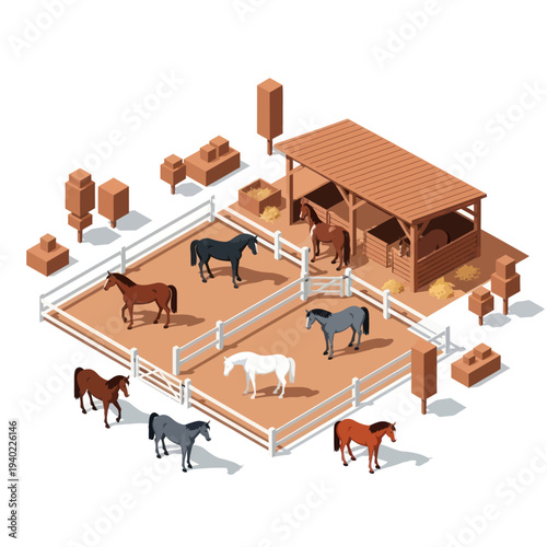 Isometric horse farm with stables and paddocks and horses.