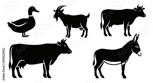 Farm Animals Silhouettes Collection: Duck, Goat, Cows, and Donkey Icons