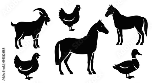 Farm Animals Silhouettes Collection: Goat, Horses, Chickens, and Duck Icons
