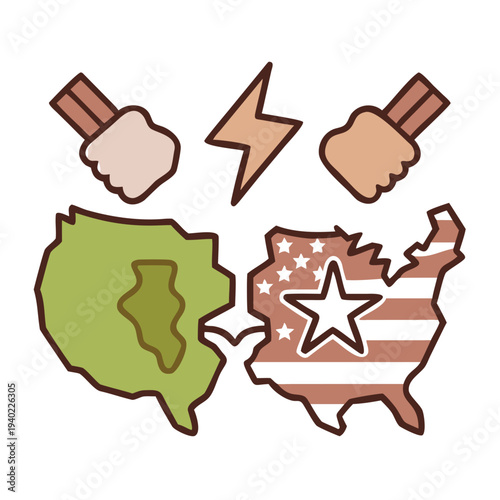 Illustrative vector of national political division and conflict. Maps of a country clash, with fists and lightning symbolizing ideological friction and societal polarization
