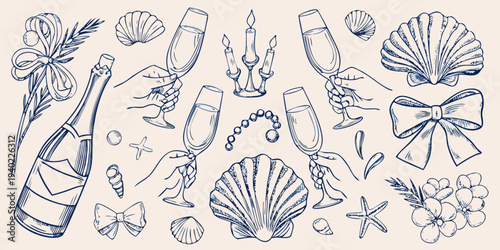 Delicate sketch of champagne glasses seashells and floral arrangements
