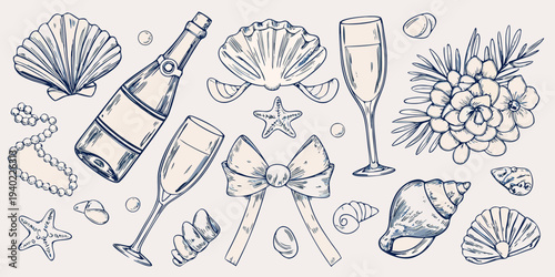 Vintage illustration featuring shells champagne glasses and floral arrangements