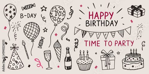 Hand drawn birthday doodles including balloons cake and celebratory elements