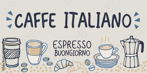 Italian coffee illustration featuring espresso cappuccino and a moka pot