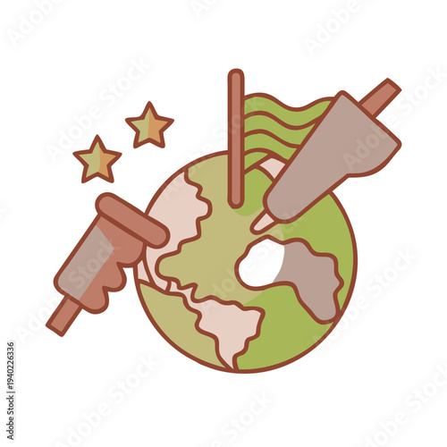 Stylized illustration of Earth depicting global conflict, international tension, and geopolitical struggles with symbolic military elements