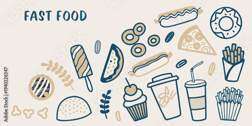 Colorful doodle illustration featuring various fast food items and treats