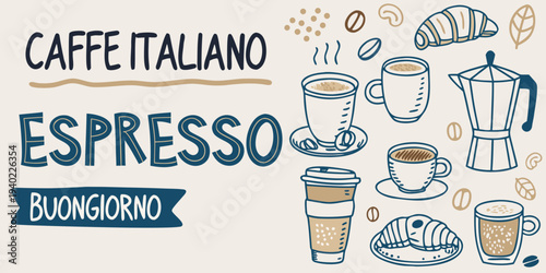 Italian coffee illustration with espresso croissants and brewing equipment