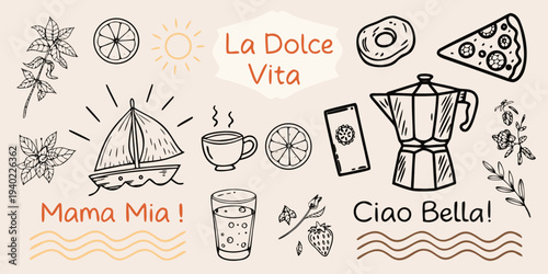Italian themed doodles showcase food travel and coffee elements