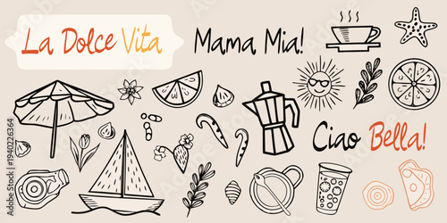 Italian summer doodles lemons beach items and cheerful phrases