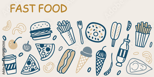 Colorful doodle illustration featuring various types of fast food items