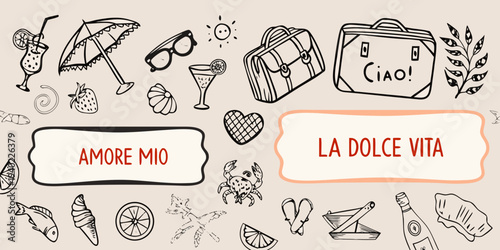 Summer vacation doodles with italian phrases and travel essentials