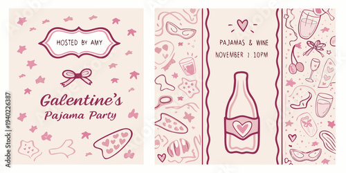 Galentine s pajama party invitation with wine masks and heart illustrations