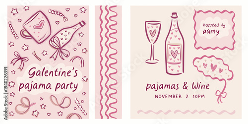 Galentine s pajama party invitation with wine and cozy elements