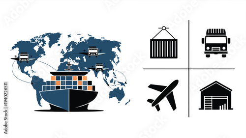 Global logistics vector illustration featuring a large cargo container ship against a world map background including icons for air, road, and warehouse transport.