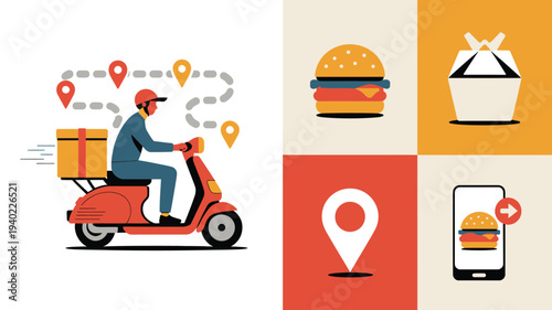 Food delivery service vector illustration showing a courier riding a red scooter with navigation pins alongside icons for burgers and takeout meals.