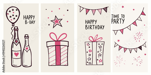 Festive birthday banners with balloons gifts and party decorations
