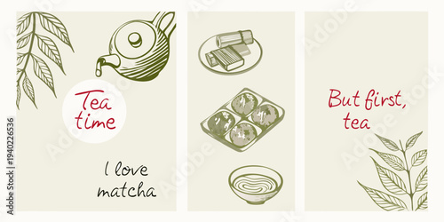 A collection of hand drawn matcha tea elements and inspirational text