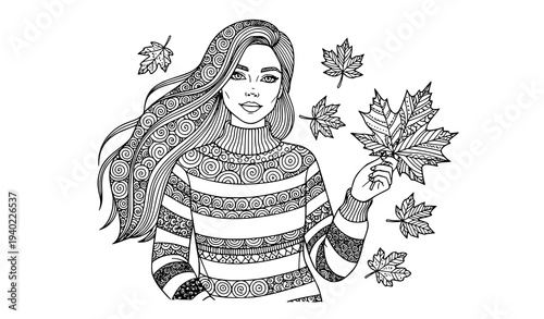Cool young woman in striped sweater with autumn leaves zentangle adult coloring page vector