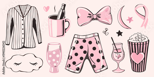 A playful collection of pink and white illustrated fashion and celebratory items
