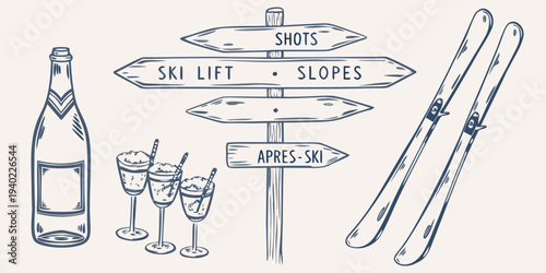 Skiing apr s ski and champagne a winter sports celebration illustration