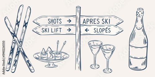 A charming sketch of apr s ski signs skis and celebratory drinks