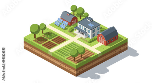 Isometric illustration of a small farm with houses and fields.