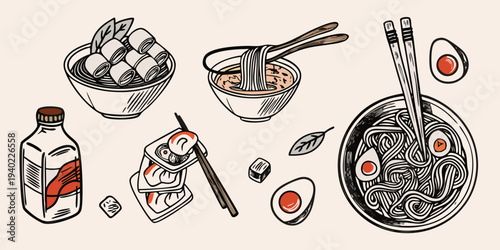 Hand drawn illustration of japanese ramen udon and accompanying condiments