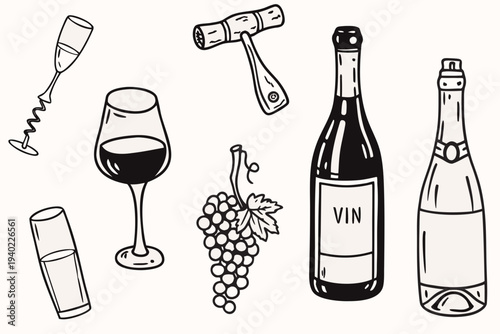 A collection of hand drawn wine accessories and bottles in black and white