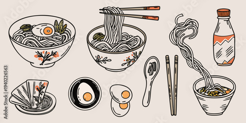 Stylized illustration of ramen eggs and traditional japanese dining items