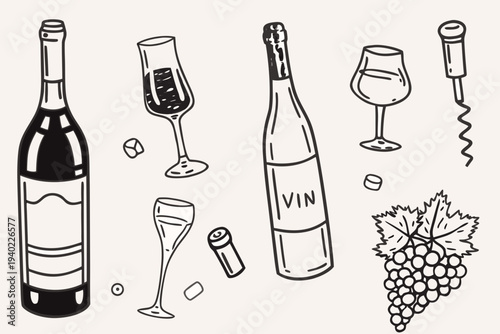 A collection of hand drawn wine bottles glasses and related accessories